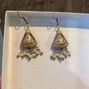 Gold and Pearl Dangle Earrings with crystals. No stamp, hook backing.